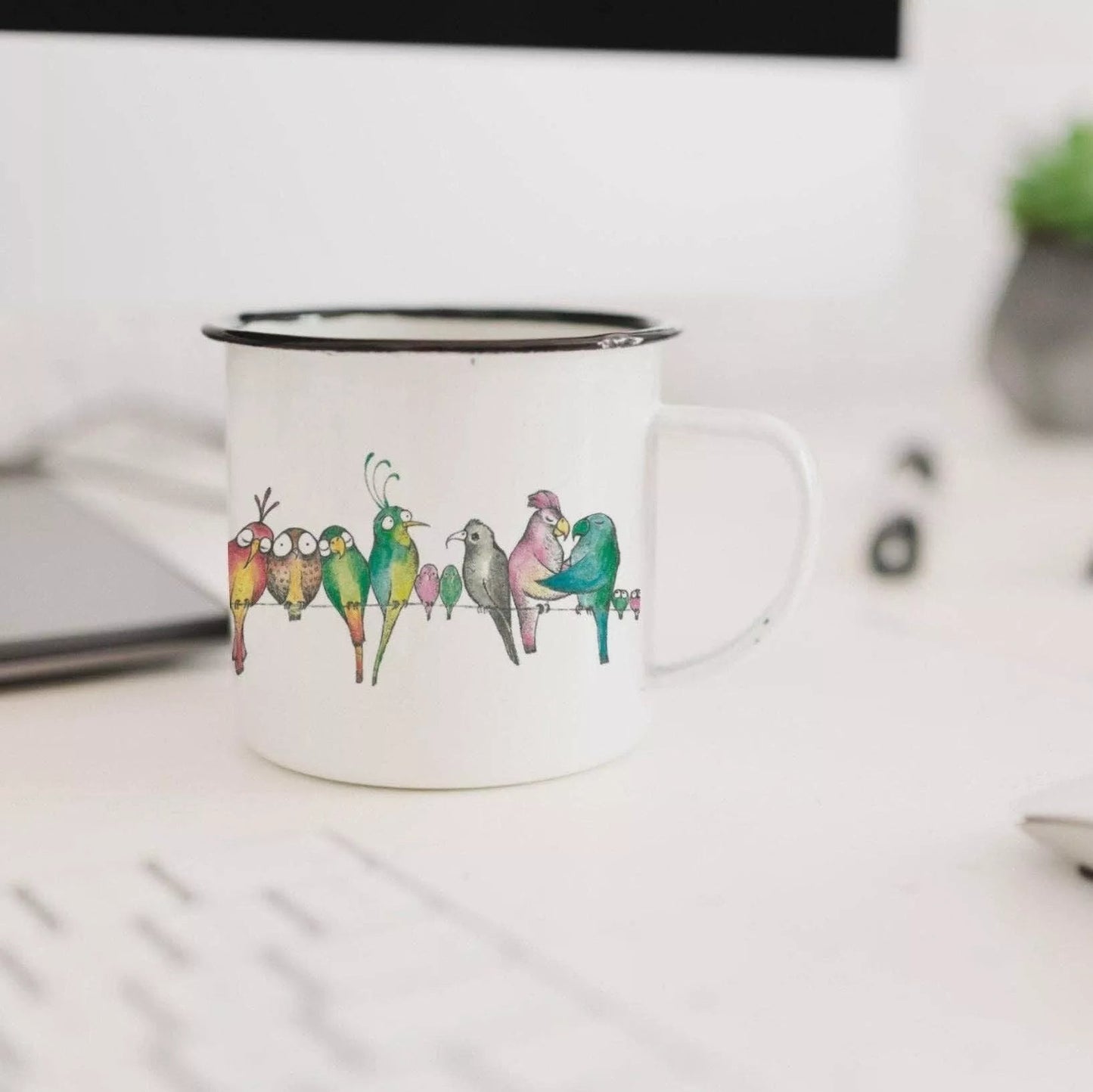 Emaille Tasse Vogelparade - Körnerwerkstatt